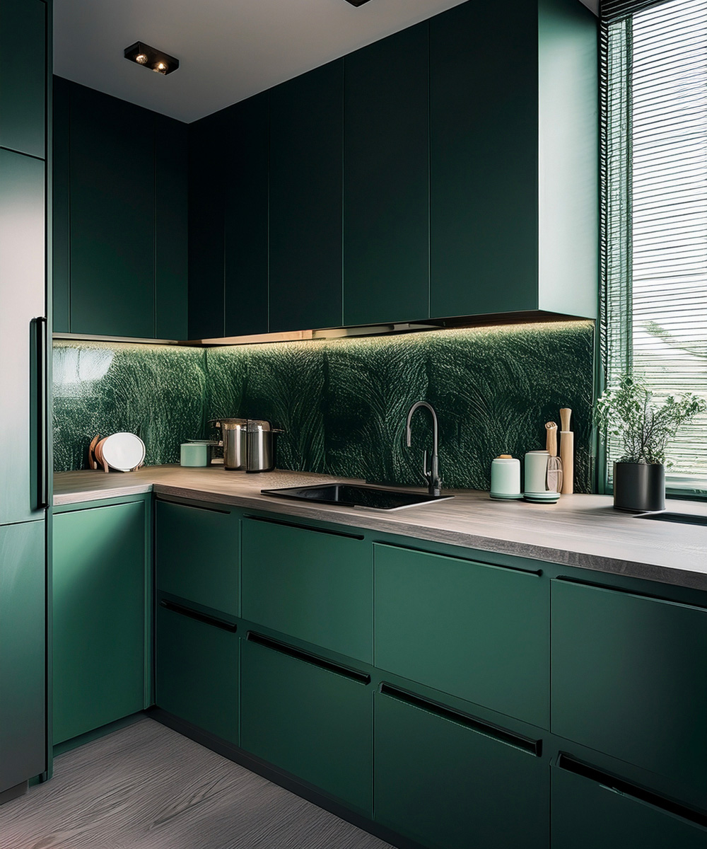 Cuisine, habillée de tiroir vert foncé, et entre les deux des carreaux vert brillant dans un style brossé, avec une touche de bois qui ressort sur le plan de travail.