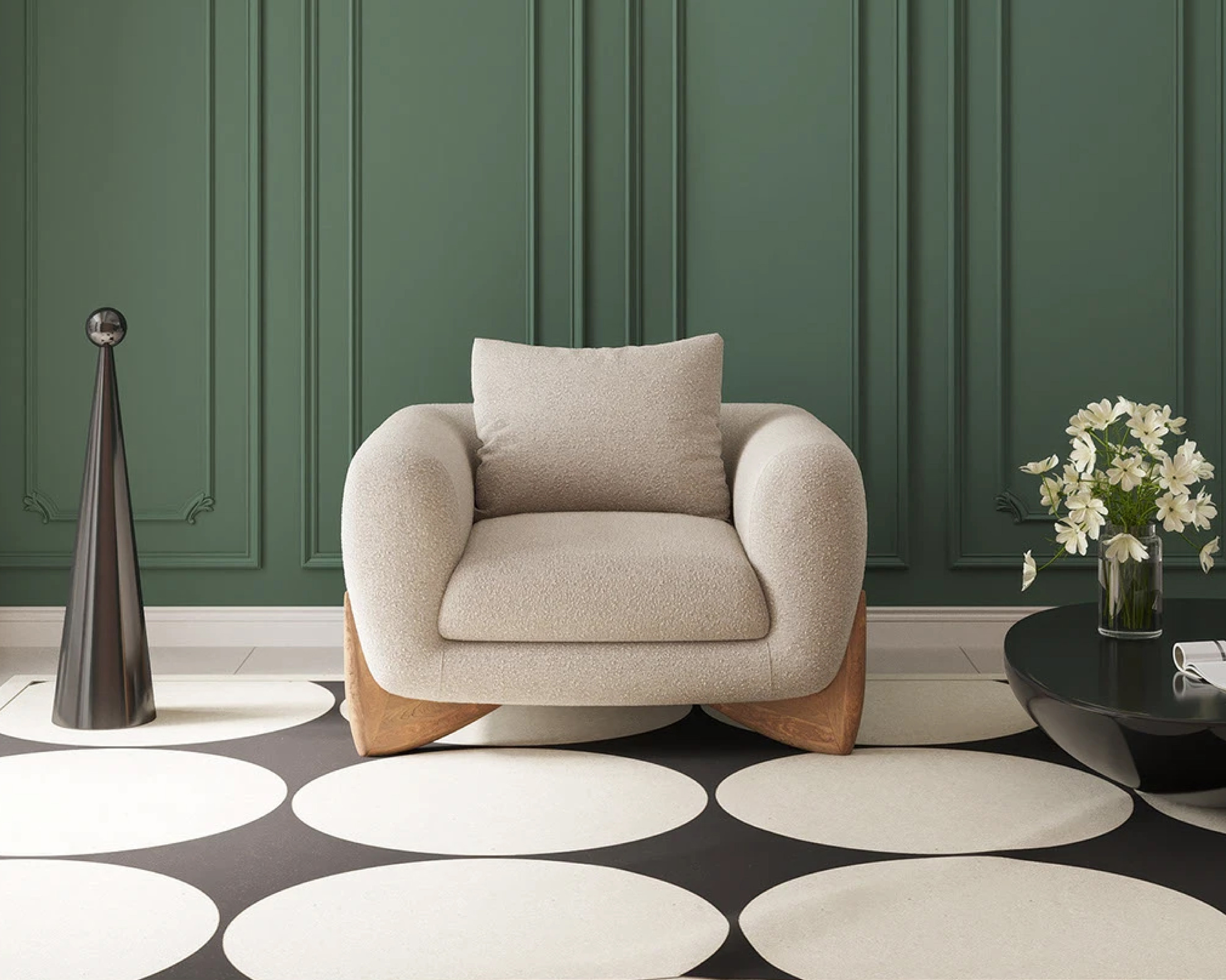 Décoration de salon avec un sol, avec carreaux, qui font des ronds blancs avec du noir en contour. En arrière-plan, un mur vert avec des moulures en long.