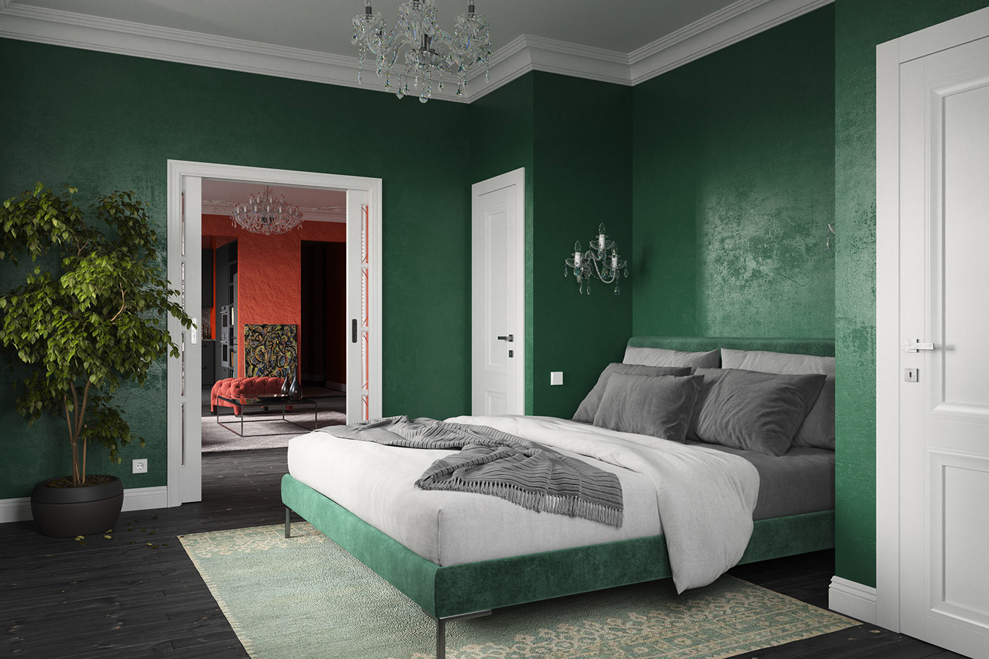 Chambre de maison contemporaine, avec des murs verts dans l'ensemble de la chambre, plus des moulures blanche en haut et en contour de porte.