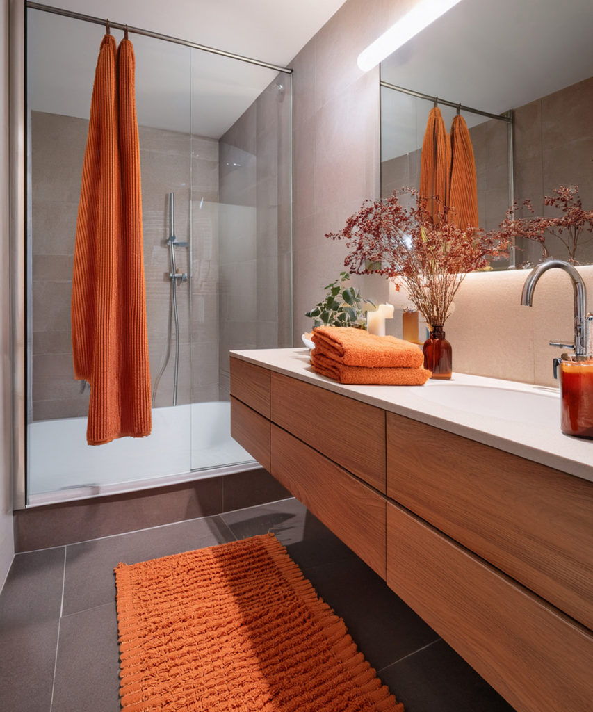 Salle de bain, avec tapis orange, serviettes oranges, et accessoire orange, une vasque blanche et des placard en bois.