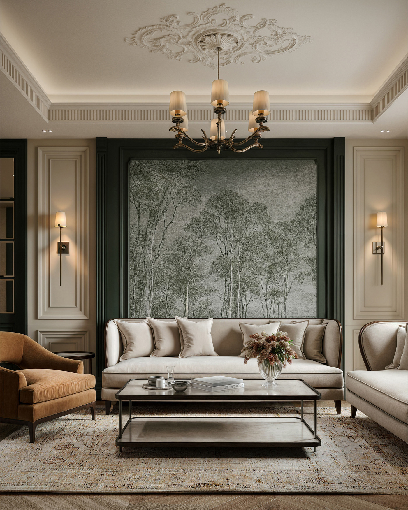 Salon d'une grande maison, avec moulures au plafond, un mur de fond de dessin en forêt. Canapé et fauteuil de salon marron et beige. Table de salon noire.