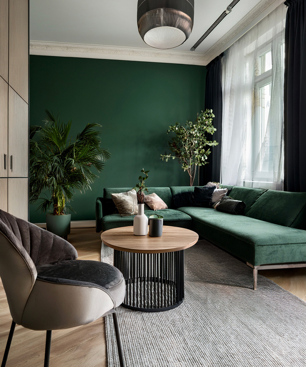 Salon avec un mur de fond vert et canapé d'angle vert au milieu du salon, un fauteuil en velours gris et des plantes en fond.