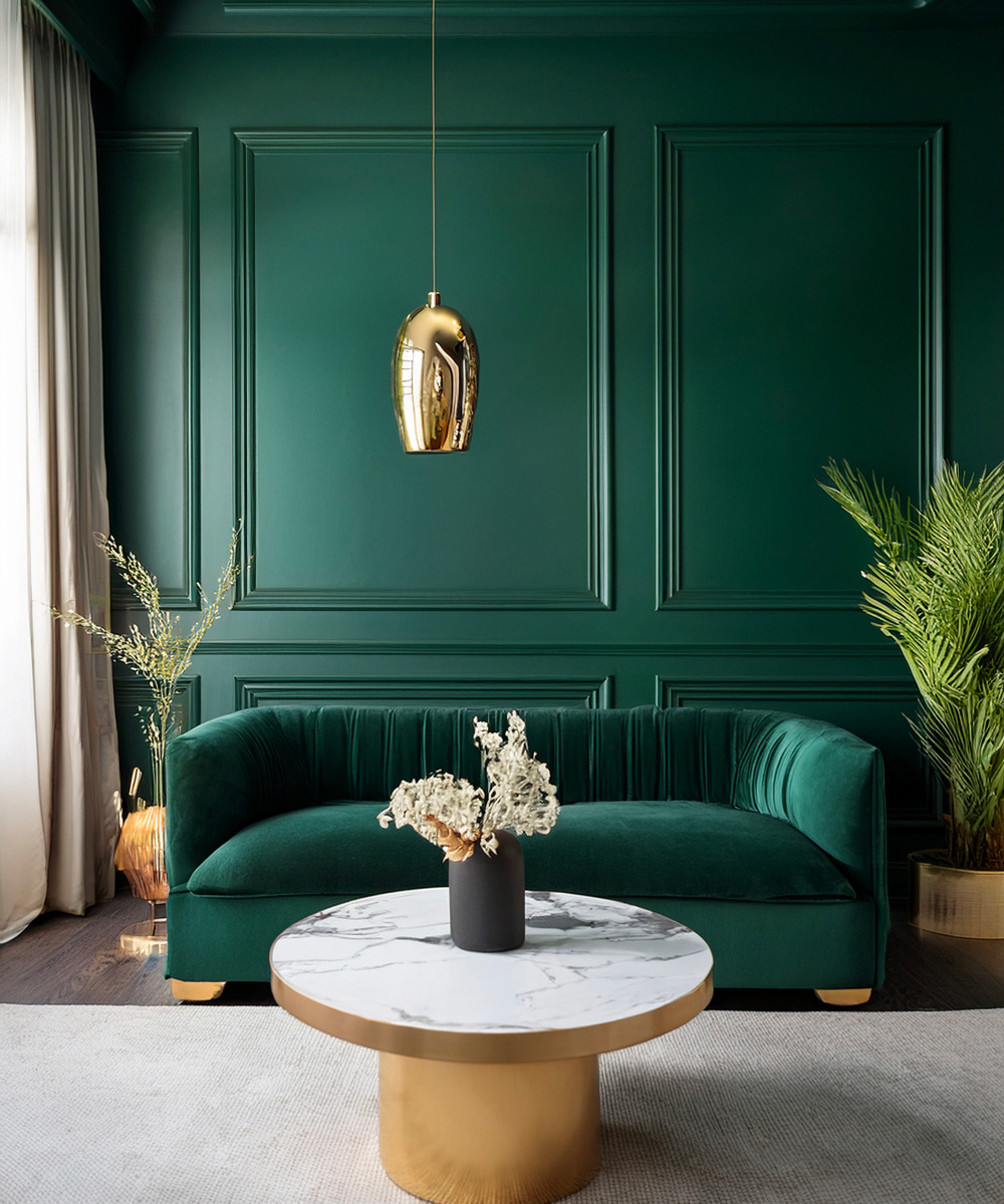 Salon de maison chic avec un vert profond ancien, des touches de doré sur les luminaires et la table basse. Puis en arrière, sur le mur des moulures en forme de carré et de rectangle.