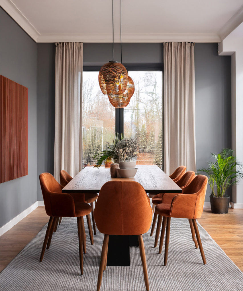 salon, table à manger, grise, avec des chaises orange avec pied en bois, des murs gris des rideaux beiges.