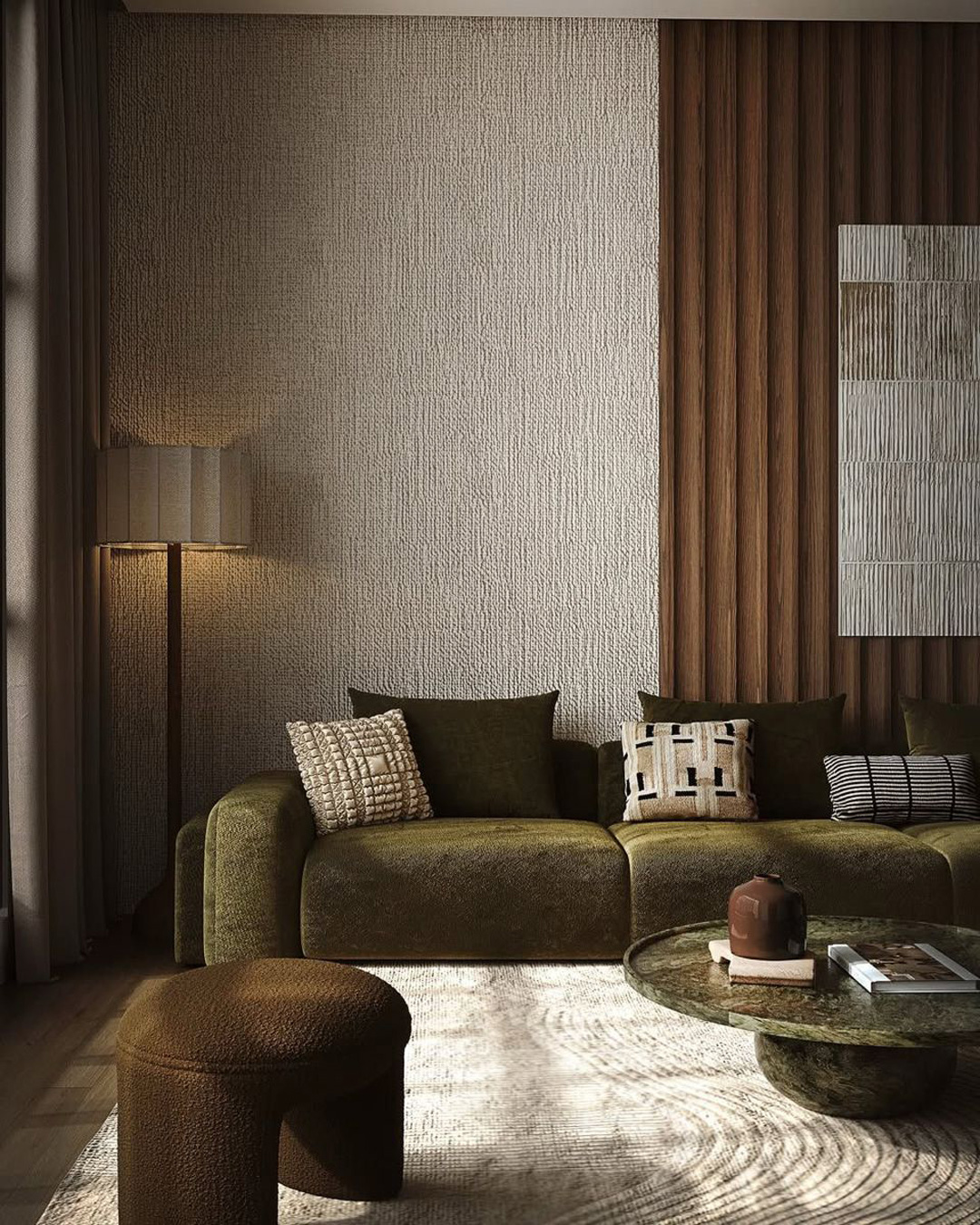 Salon moderne dans un style nature, avec un tapis total gris avec des formes en vague.