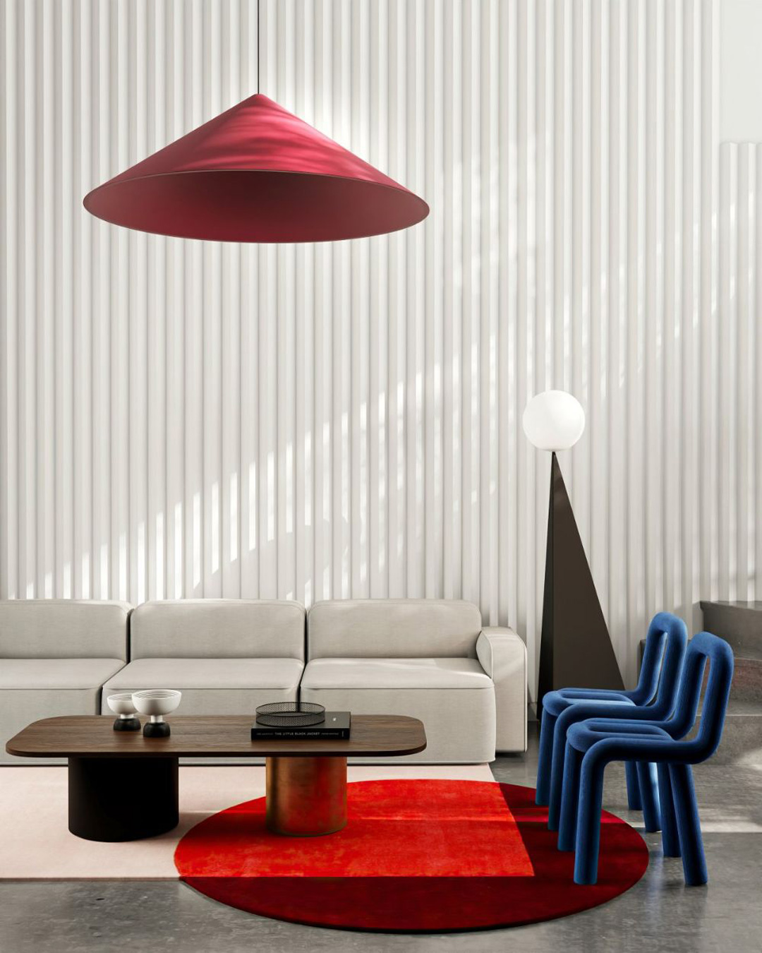 Salon esthétique original, avec un tapis rectangulaire et un coin plus gros en forme de rond.