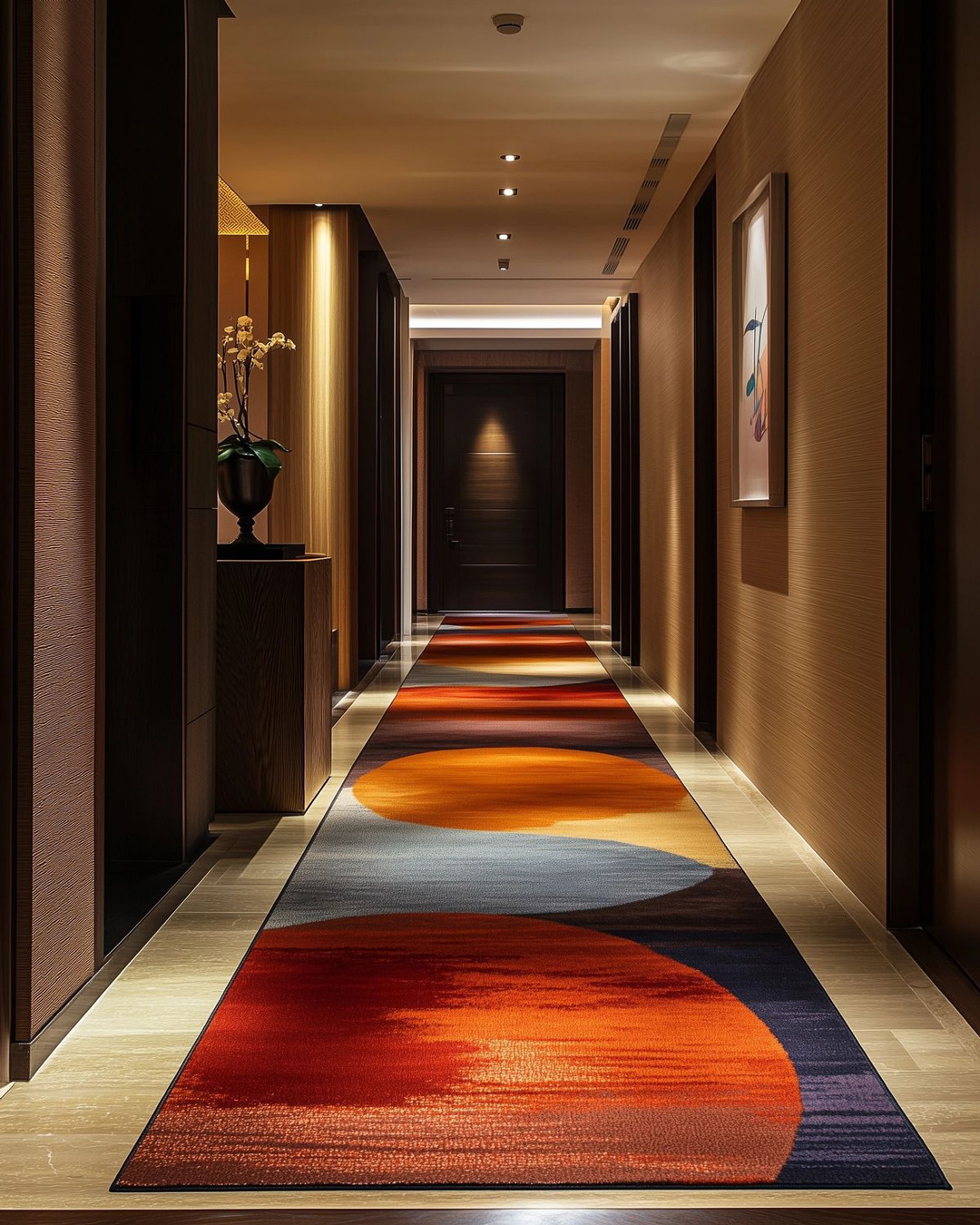 Couloir établissement hôtelier, avec un tapis avec des ronds de plusieurs couleurs.