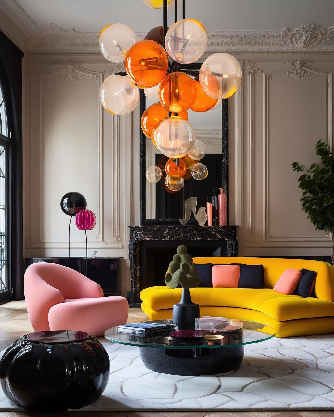 Salon haussmannien lumineux avec lustre design, canapé jaune et fauteuil rose.