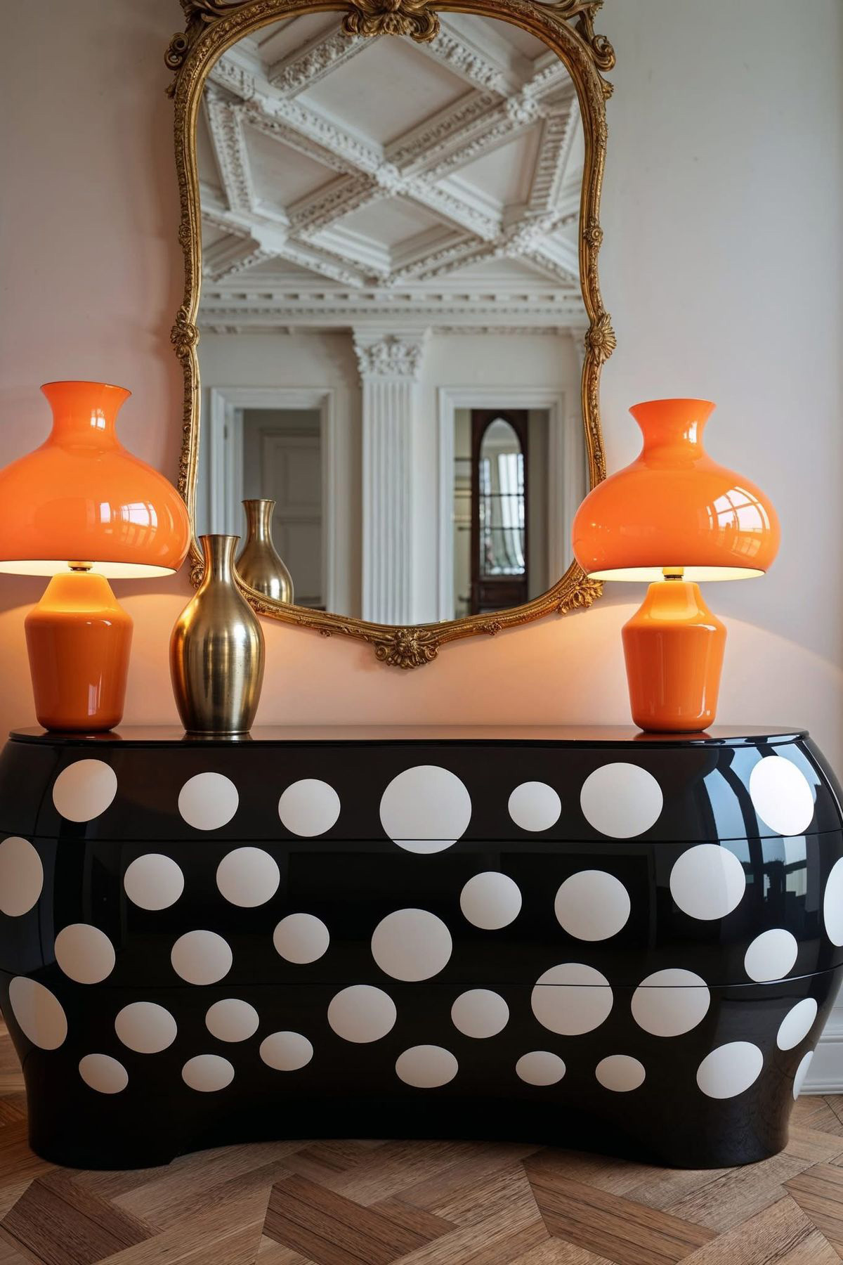 Meuble de salon noir brillant à motifs avec lampe vintage orange.