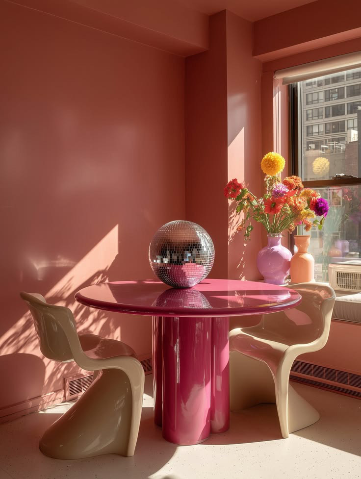Salle à manger intimiste avec table ronde rose et chaises aux formes ondulées.