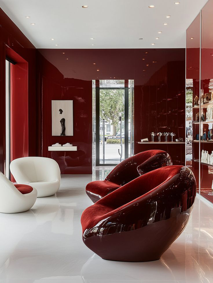 Salon aux murs rouge grenade avec fauteuils assortis et ambiance chaleureuse.