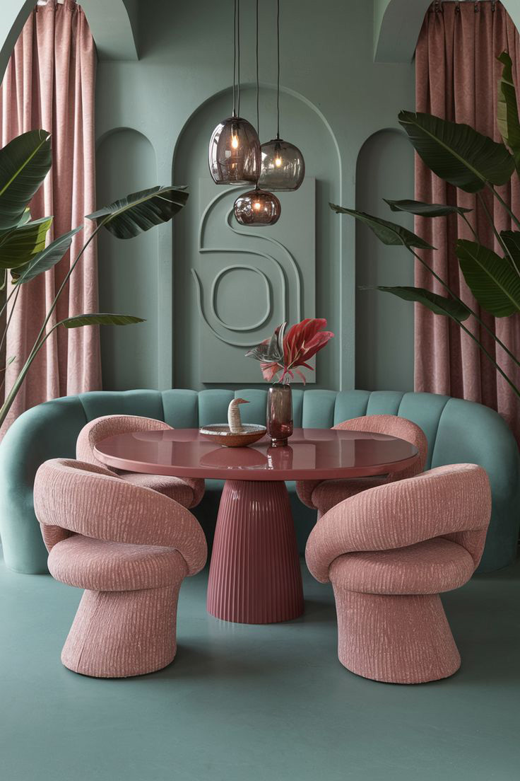 Salon vert kaki avec rideaux rose pâle et mobilier aux touches vintage.